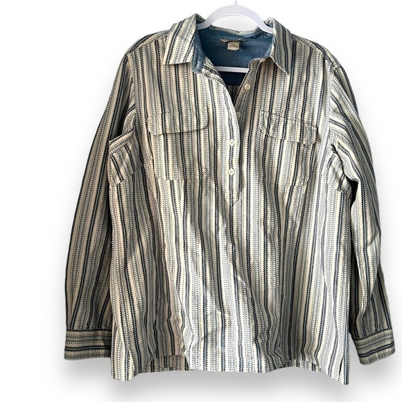 DULUTH Trading Blue & Ivory Striped Popover Button Up Shirt Size XL FLAWED - Picture 1 of 6